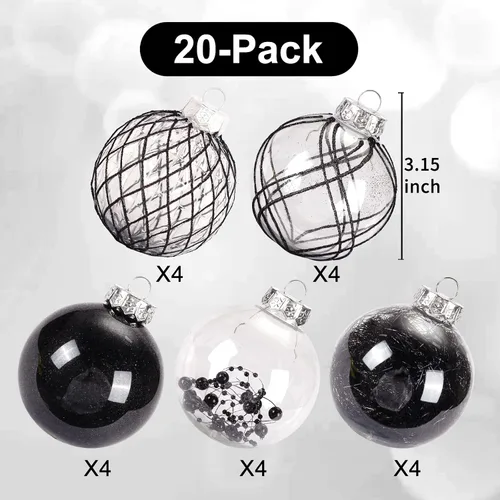 Miniatura 5 de Juego de adornos de bola de Navidad, 20 unidades, grandes, color negro transparente, inastillables, 3.150 in/3.15 pulgadas, adornos de Navidad