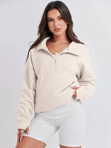 Miniatura 2 de ANRABESS Sudaderas con capucha corta con media cremallera para mujer, sudadera de forro polar con cremallera de un cuarto, ropa de invierno 2023