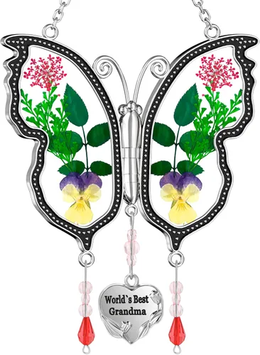 Miniatura 16 de KY&BOSAM Atrapasoles de mariposa con texto en inglés "I Love You Sister" para ventanas con flores secas y prensadas reales, dije de corazón grabado