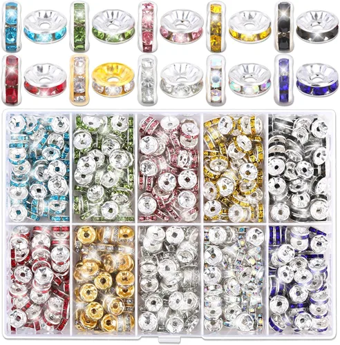 Cuentas espaciadoras redondas para hacer joyas, 600 piezas de cuentas espaciadoras con diamantes de imitación, separadores de cuentas de cristal