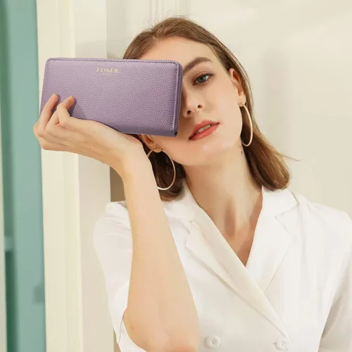 Miniatura 7 de FOXLOVER Carteras de cuero genuino para mujer, carteras de embrague con cremallera RFID con pulsera