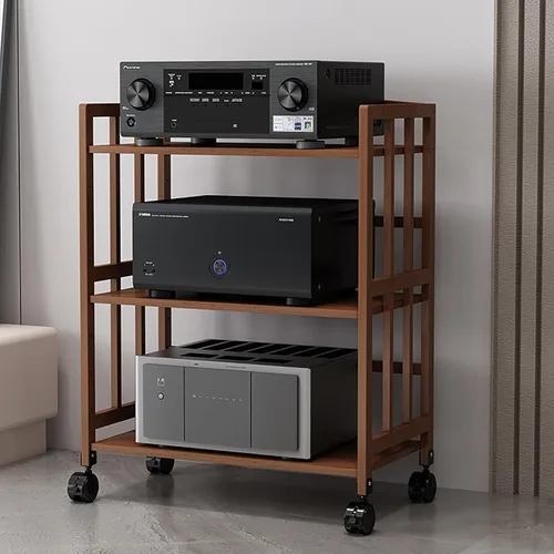 Miniatura 9 de Estantes de esquina de madera, gabinete de componentes, torre de audio estéreo con estantes de madera ajustables en altura, soporte para medios AV