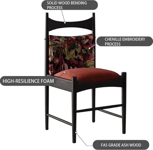 Miniatura 4 de Sillas de comedor tapizadas de madera maciza, juego de sillas de comedor de tela bordada con respaldo curvo, sillas laterales decorativas para sala