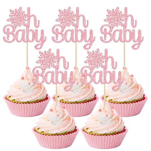 Miniatura 16 de Gyufise Paquete de 24 adornos de copos de nieve Oh Baby para cupcakes con purpurina azul Frozen Oh Baby Pick Decoraciones para baby shower