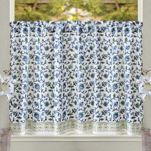 Miniatura 8 de Saffron Marigold Cortinas de Algodón de Media Cocina para Ventanas Pequeñas, Baño y Café Estampadas a Mano con Bloque Moonlit Taj - Diseño Bohemio
