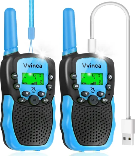 Miniatura 17 de Vvinca Walkie Talkies para niños, juguetes recargables para edades de 5 a 7 años, largo alcance, 22 canales, 2 vías, walkie talkie con linterna