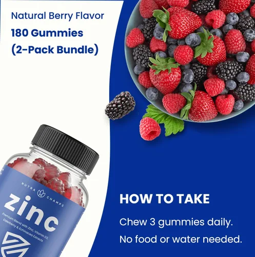 Miniatura 3 de NutraChamps Gomitas de zinc 4 en 1, 50 mg de suplemento de zinc masticable con vitamina D3 2000 UI, saúco y equinácea, apoyo inmunológico, cardíaco