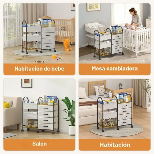 Miniatura 7 de Carrito organizador de pañales para bebés con ruedas, carrito de pañales rodante de 4 niveles con separadores y cajones, almacenamiento de guardería