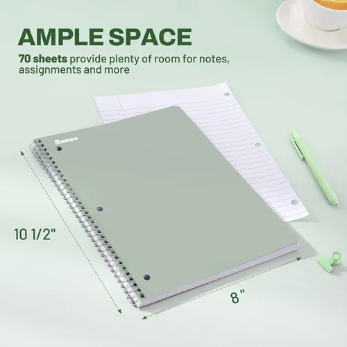 Miniatura 2 de SUNEE Cuadernos en espiral, paquete de 3, 1 materia, papel rayado universitario, 8 x 10-1/2 pulgadas, 70 hojas por cuaderno, cuadernos en espiral
