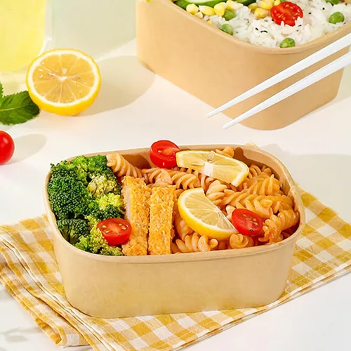 Miniatura 6 de Paquete de 50 recipientes de alimentos de papel kraft, cuencos de ensalada desechables de 25 onzas con tapas, cuencos de sopa rectangulares a prueba