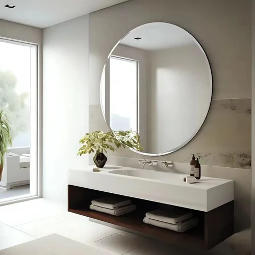 USHOWER Espejo de pared redondo sin marco de 30 pulgadas con borde biselado, espejo circular para baño y tocador, aspecto elegante y simple