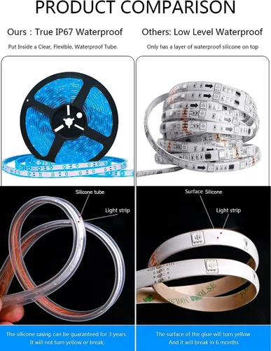 Miniatura 6 de Tira de luces LED solares azules para exteriores, tira LED impermeable IP67 de 16.4 pies, cable USB para uso recargable, cuerda de luces solares