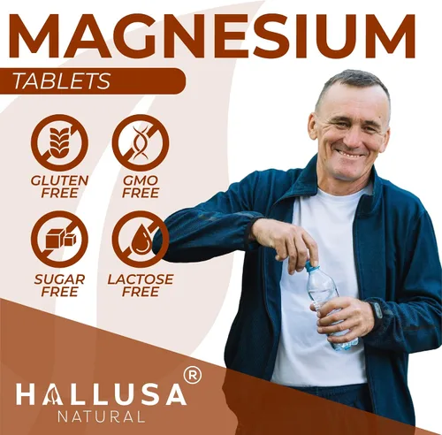 Miniatura 4 de Hallusa Natural Magnesio para calambres en las piernas, magnesio como óxido 500 mg, 60 cápsulas, suministro de 60 días, relajación muscular, alta