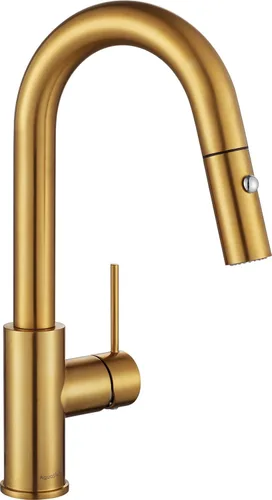 AguaStella AS59BG - Grifo de barra brillante dorado cepillado o grifo de fregadero de cocina con rociador desplegable y mango único