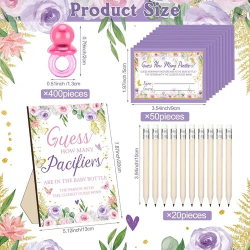Miniatura 3 de Syhood Butterfly Baby Shower Games Guess How Many Chupetes Cartel de juego 50 pequeños juegos de adivinanzas, 20 lápices HB, botella de leche