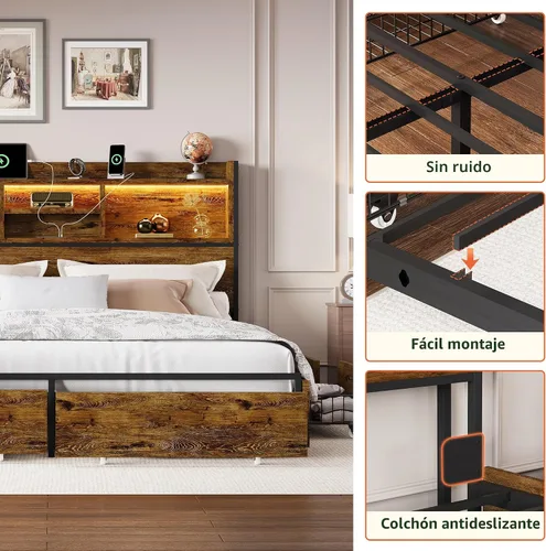 Miniatura 7 de LARMACE Base de cama tamaño Queen con 6 cajones de almacenamiento y cabecero, plataforma de madera con luces LED y estación de carga, fácil montaje