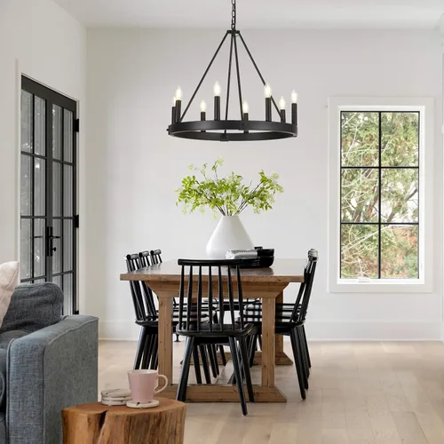 Miniatura 4 de Candelabro de 8 luces con rueda de carro, de 24 pulgadas, color negro, redondo, para comedor, moderna e industrial, isla de cocina, lámparas