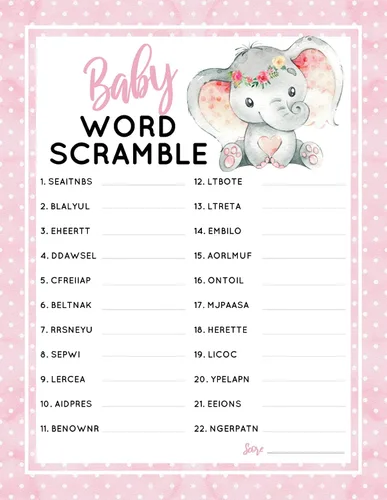 Juego y actividad para baby shower con temática de elefante rosa, fácil de jugar, revelación de género, nuevos padres, mujeres, hombres o niños, 5 x