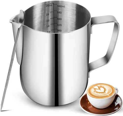 Miniatura 9 de Jarras para espumar leche - 350 ml / 12 oz de acero inoxidable, jarras de vapor para café/leche/capuchino/arte de café con leche, jarra de leche