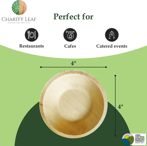 Miniatura 4 de Charity Leaf Cuenco redondo desechable de hoja de palma de 4 pulgadas (50 piezas) Parecido al bambú Todo natural y biodegradable Tablas