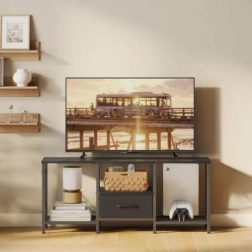 Miniatura 8 de JARHETUN - Soporte de TV con cajón de tela, centro de entretenimiento para TV de 50 55 pulgadas, consola de TV industrial con estantes de Negro