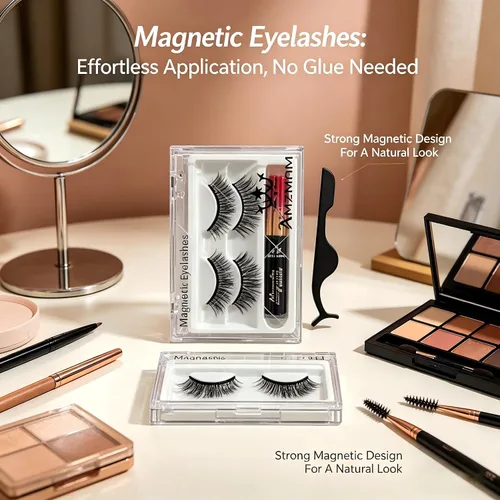 Miniatura 2 de Kit de pestañas magnéticas para ojos sensibles, sin pegamento, pestañas postizas hipoalergénicas, aspecto natural y voluminoso, regalo de belleza