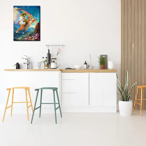 Miniatura 8 de Lienzo de paisaje victoriano OVNI para pared, diseño divertido de alienígena montando un gato, cuadros eclécticos de gato, póster impreso