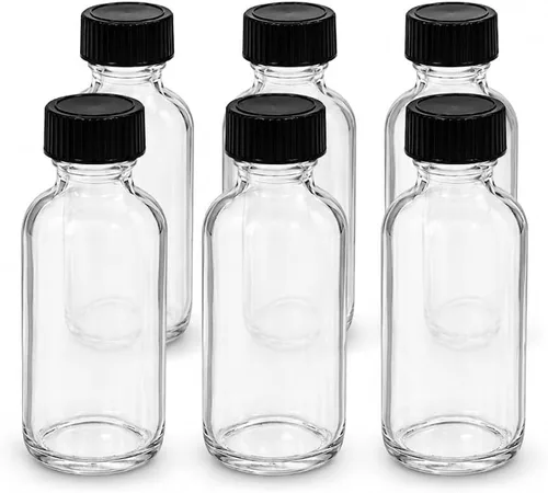 Paquete de 6 botellas redondas de vidrio Boston transparente de 1 oz con tapa negra