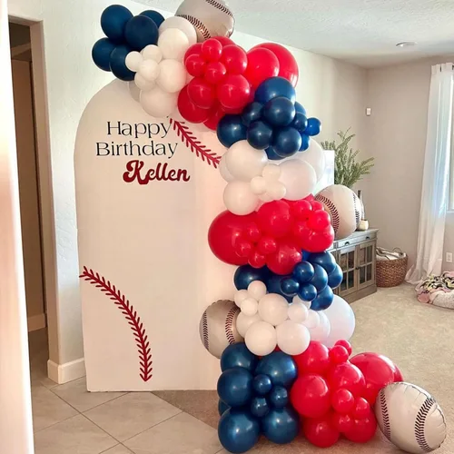 Miniatura 5 de VitaCraft Kit de arco de guirnalda de globos de béisbol, 136 piezas de arco de globos rojo, blanco y azul marino con guante de béisbol globo
