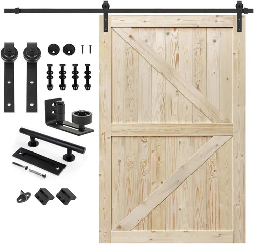 Miniatura 18 de S&Z TOPHAND 20 pulgadas x 84 pulgadas. Puerta de granero anudada británica sin terminar con kit de herrajes deslizantes de 4 pies/madera
