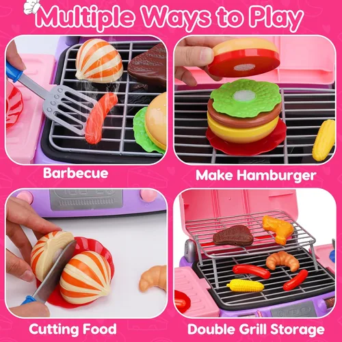 Miniatura 5 de Juego de barbacoa para niños, juego de cocina con luz de sonido de humo de simulación, para niñas pequeñas, color rosa, para niños de 3 a 5 años, 4