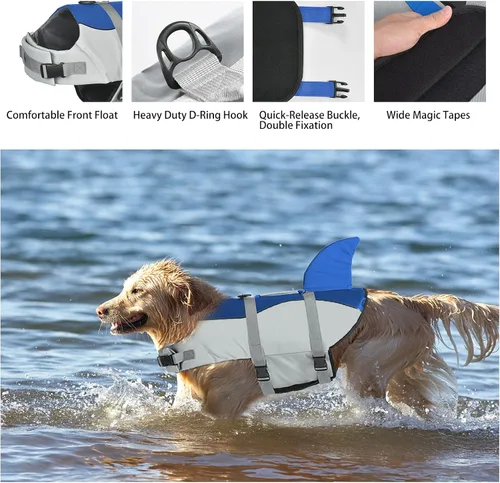 Miniatura 4 de Dogcheer Chaleco salvavidas para perros Tiburón, Chaleco salvavidas ajustable para perros para natación y navegación con flotabilidad superior y asa