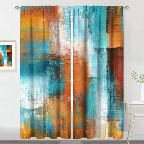 Miniatura 8 de MESHELLY Cortinas Rojas Abstractas 42Wx63H Pulgadas Bolsillo para Varilla Bloques Rústicos Borgoña Marrón Pintura al Óleo Casa de Campo Dormitorio