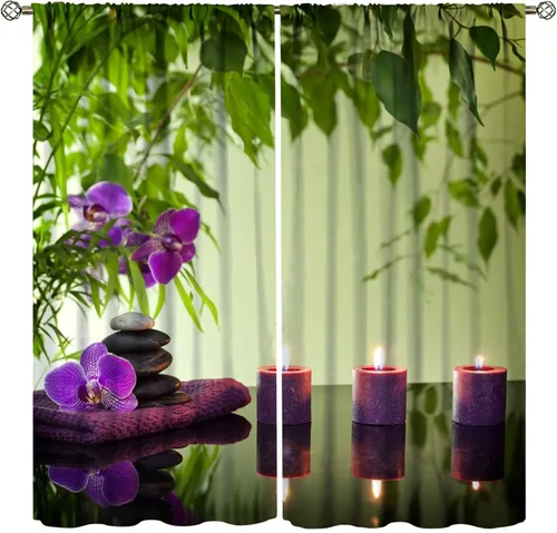 Miniatura 12 de Cortinas con estampado de bambú verde natural, plantas asiáticas, japonesas, tallos rústicos, hojas, cortina de selva con bolsillo para cortinero