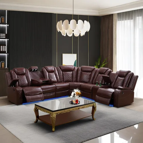 Miniatura 19 de Juego de sofá modular reclinable eléctrico con luz LED, juego de sofá modular reclinable de cuero, incluye sillón reclinable individual, juego