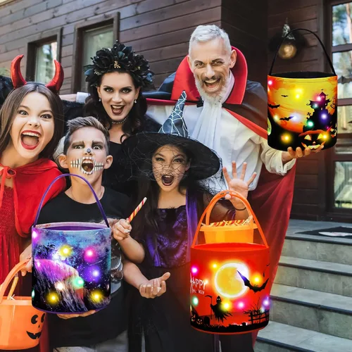Miniatura 5 de Teling 6 bolsas de dulces de calabaza con luces LED para Halloween con luces LED para Halloween, bolsa de regalo reutilizable para suministros