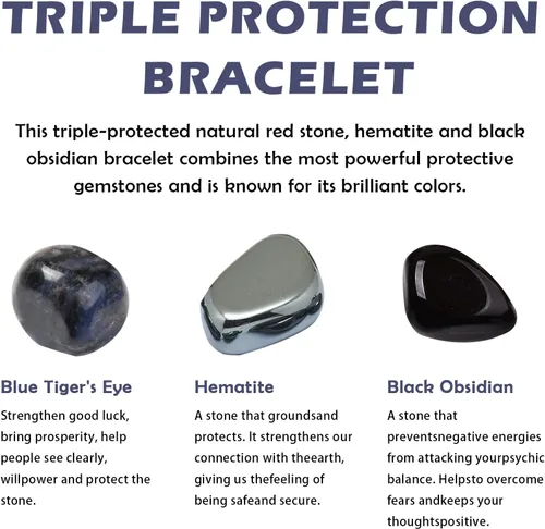 Miniatura 3 de Ornaland Pulsera de triple protección para hombres y mujeres, ojo de tigre, obsidiana, hematita, 0.315in, pulsera de cristal curativo, alivio