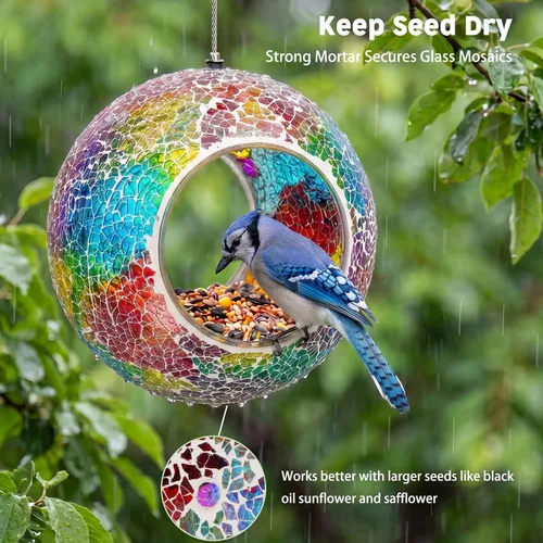 Miniatura 3 de VCUTEKA Comedero para Pájaros de Mosaico Fly Through para Exterior Colgante con Recipiente de Vidrio de Forma Redonda para Atraer Más Aves Rojo