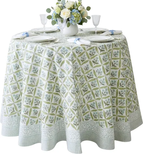 Miniatura 36 de ATOSII Mantel Redondo Bohemio Jade de Algodón 100%, Mantel de Lino con Estampado Floral de Bloques para Comedor, Fiestas, Bodas, Exteriores I