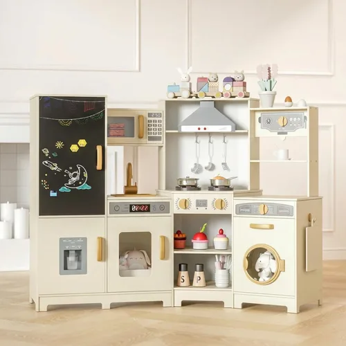 Miniatura 10 de MAMIZO Cocina de Juego de Esquina de Madera, Gran Juego de Cocina Interactivo Ultimate para Niños Pequeños de Pretender con Pizarra, Estufa y Blanco