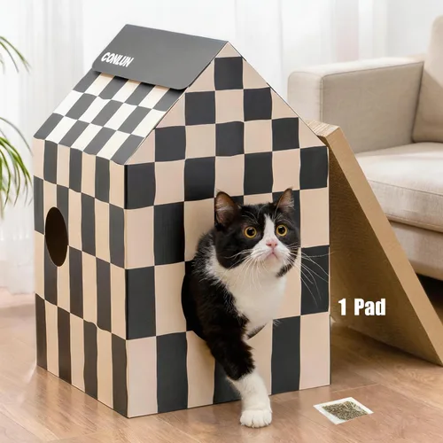 Miniatura 14 de Conlun Casa de cartón para gatos con almohadilla para rascar y hierba gatera, casa rascador para juegos de gatos para muebles de interior, rascador