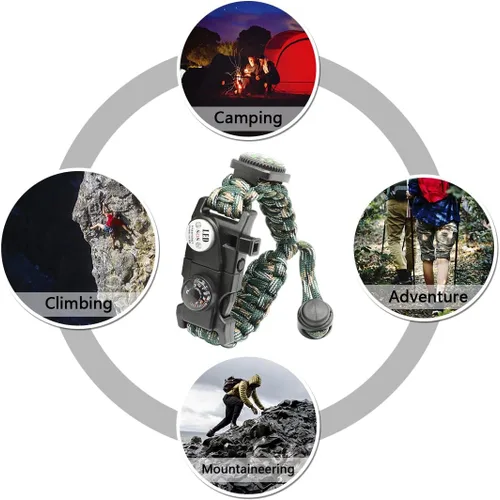 Miniatura 7 de Brazalete de paracord de supervivencia 20 en 1, kit de equipo ajustable con luz LED SOS, arrancador de fuego, brújula más grande, silbato