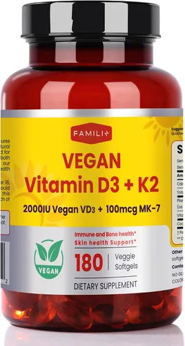 FAMILI+ 180 Días de Vitamina Vegana D3+K2 en Cápsulas Blandas con Aceite de MCT de Coco | 2000UI de Vitamina D3 de Fuente Vegetal + 100 mcg de