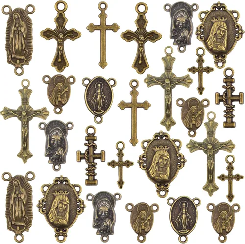 50 piezas Dijes de Cruz y Centro de Rosario Medalla Milagrosa Colgantes de Crucifijo de Jesús Tibetano Eslabones de Araña Ovalados de Virgen María