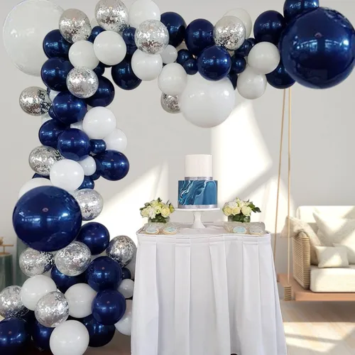 Miniatura 3 de Zesliwy Kit de guirnalda de globos de color azul marino, plateado, azul marino, blanco, plateado, confeti, kit de arco para fiesta de cumpleaños