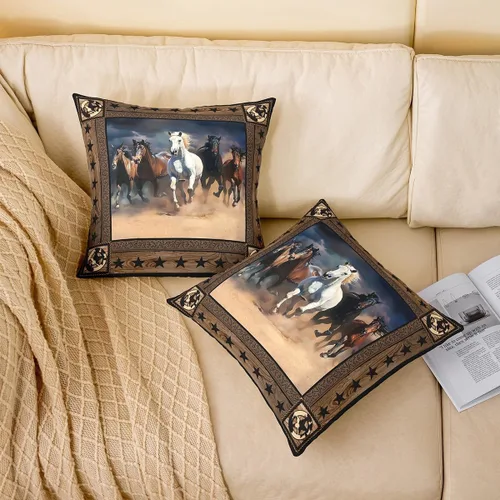 Miniatura 2 de Juego de 2 fundas de almohada de caballo corriendo con diseño de estrellas de grano de madera, suave y cuadrada, para decoración de habitación