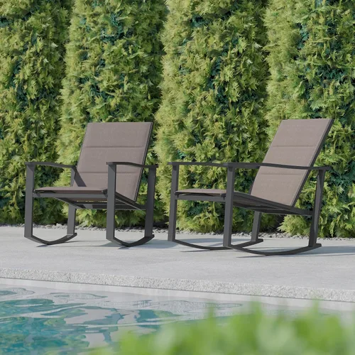 Miniatura 4 de BizChair Juego de 2 mecedoras para exteriores marrones con material Flex Comfort y marco de metal negro