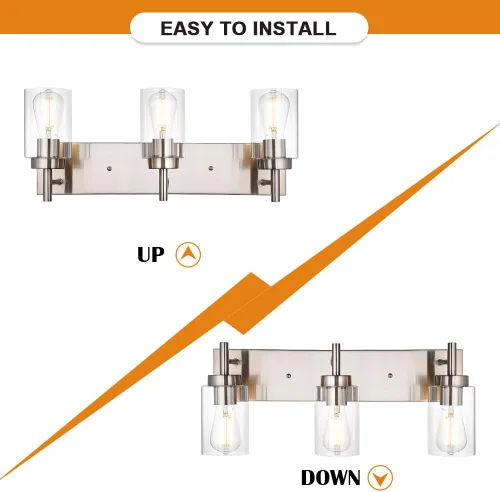 Miniatura 6 de Lámpara de tocador para baño, níquel cepillado, 3 luces, moderna lámpara de pared con pantalla de vidrio transparente, lámpara de pared rústica