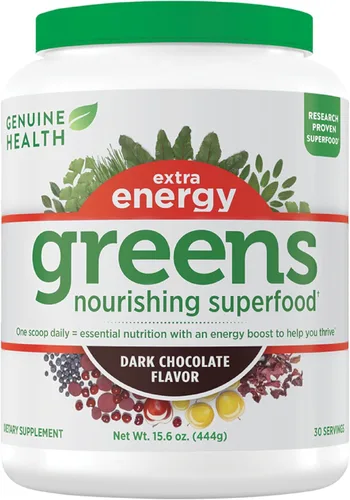Genuine Health Greens + Extra Energy Superfood Powder, proporciona un impulso de energía inmediato y apoya la salud intestinal, sabor a chocolate
