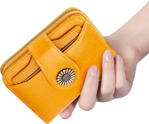 Miniatura 6 de INSIFEEL Billetera pequeña para mujer, bolso compacto de cuero con bloqueo RFID RFID para mujer, Amarillo, Retro